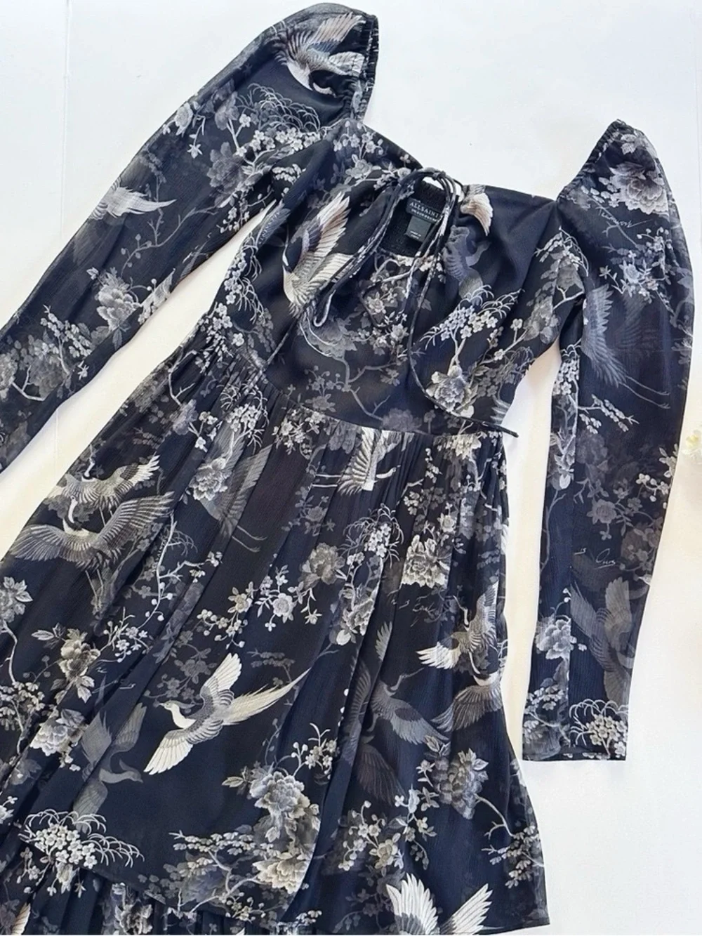 NEW All Saints Women’s Devyn Peggy Floral Print Long Sleeve Maxi Dress Black 0 - Picture 6 of 11